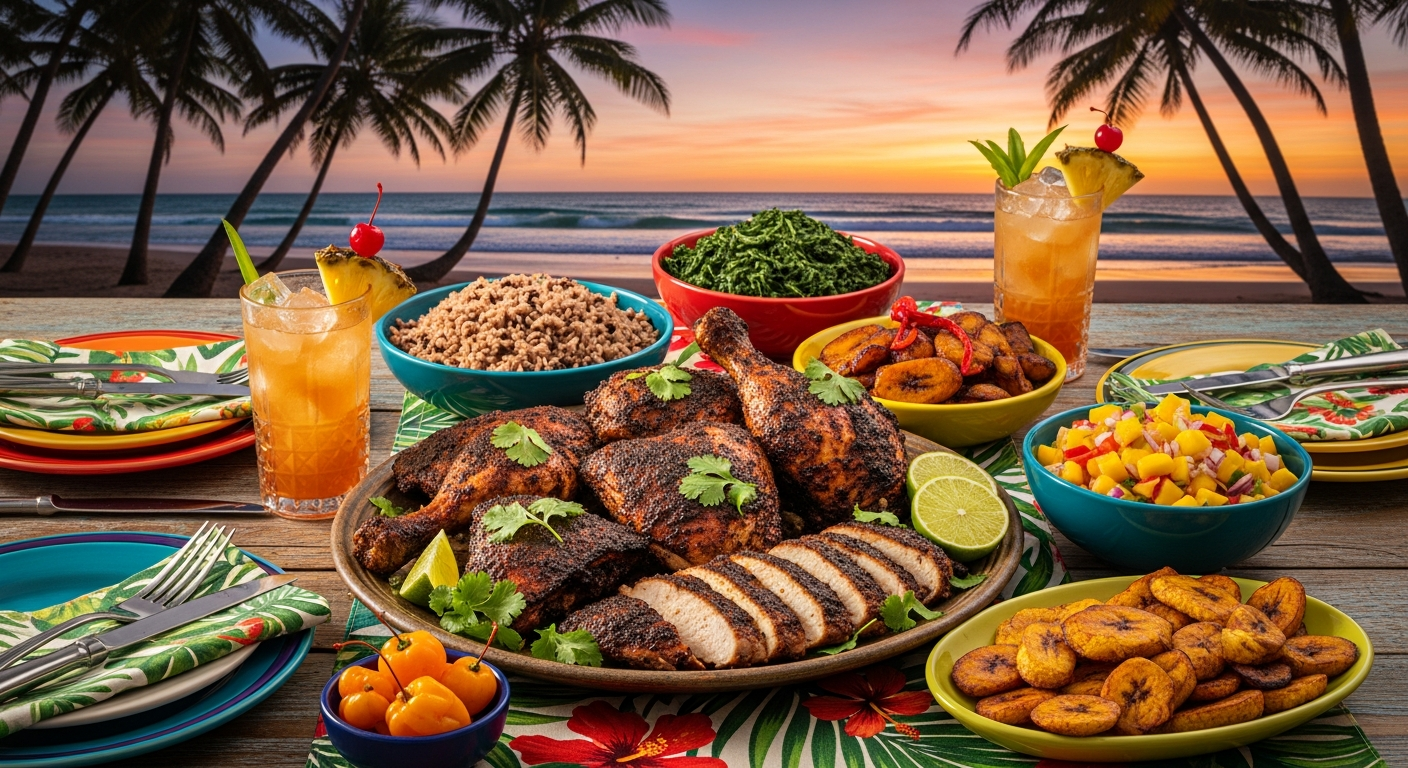 Caribbean food side dishes including rice and peas, festival bread, and plantains alongside jerk chicken