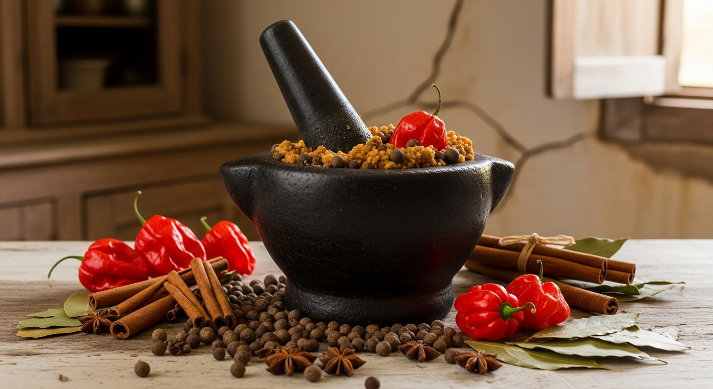 Whole spices being toasted and ground for homemade jerk seasoning