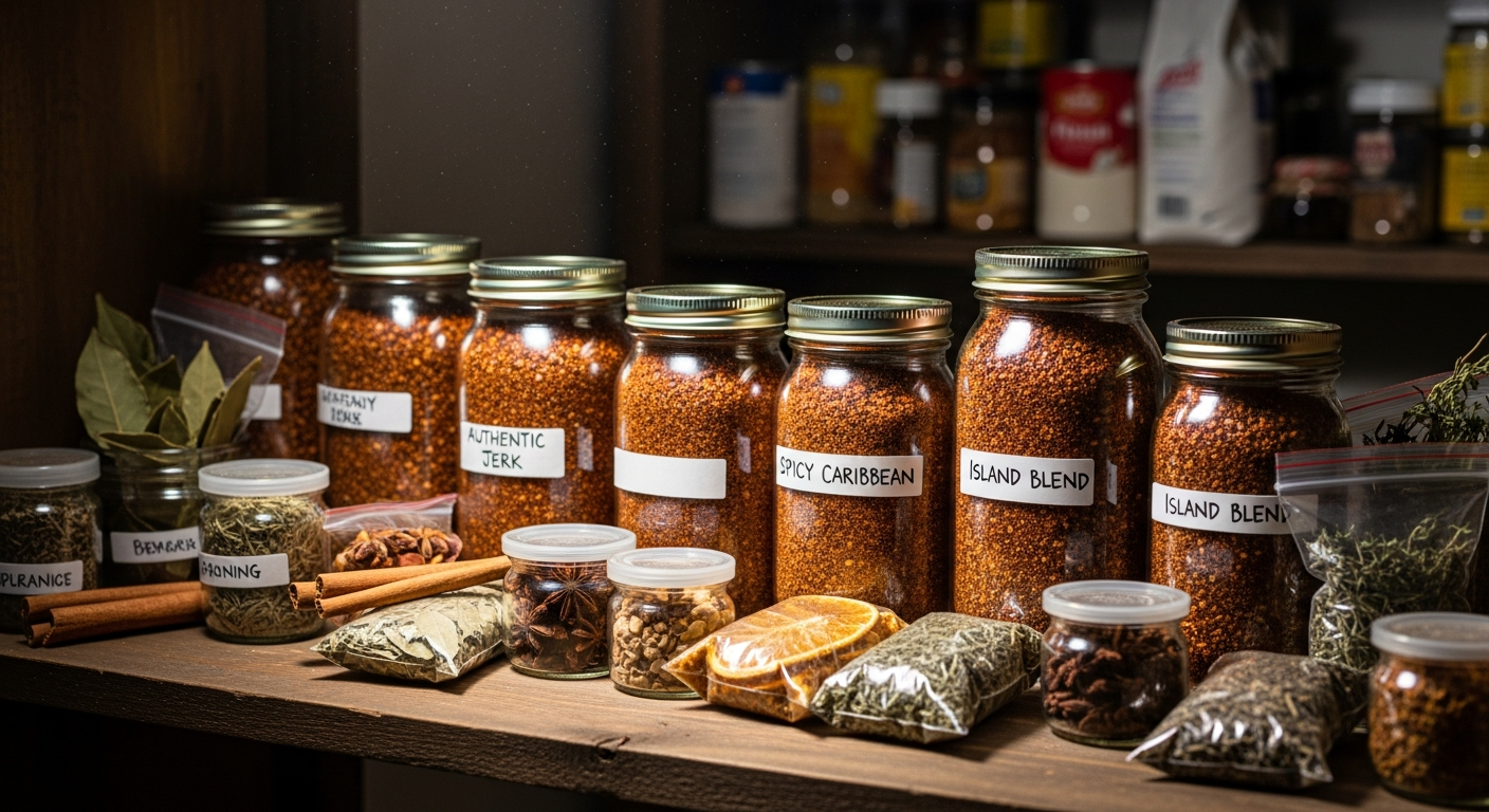 Glass jars of homemade jerk seasoning and dry rub stored in a spice cabinet