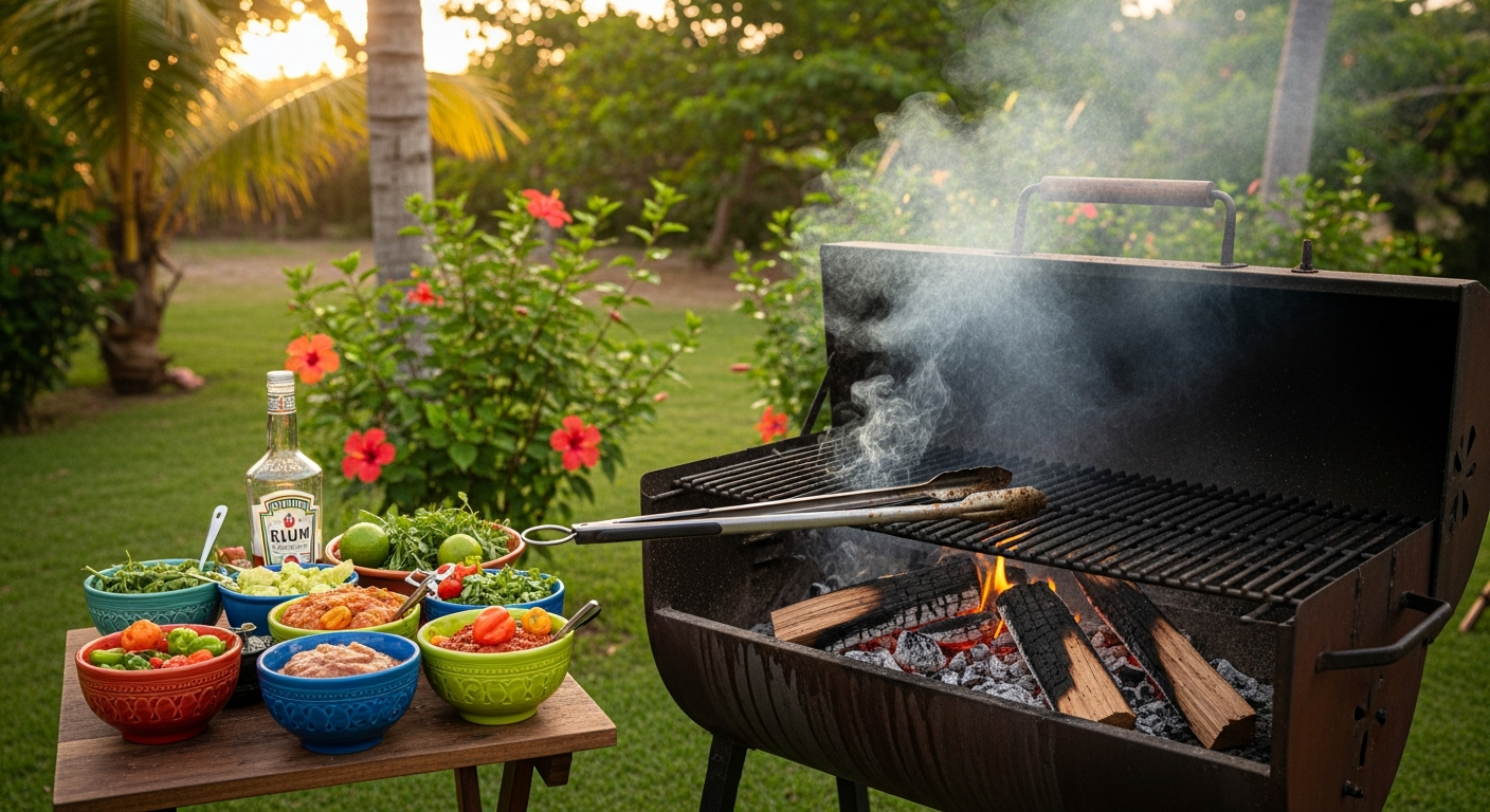 Backyard jerk cooking setup with charcoal grill, pimento wood chips, and tools