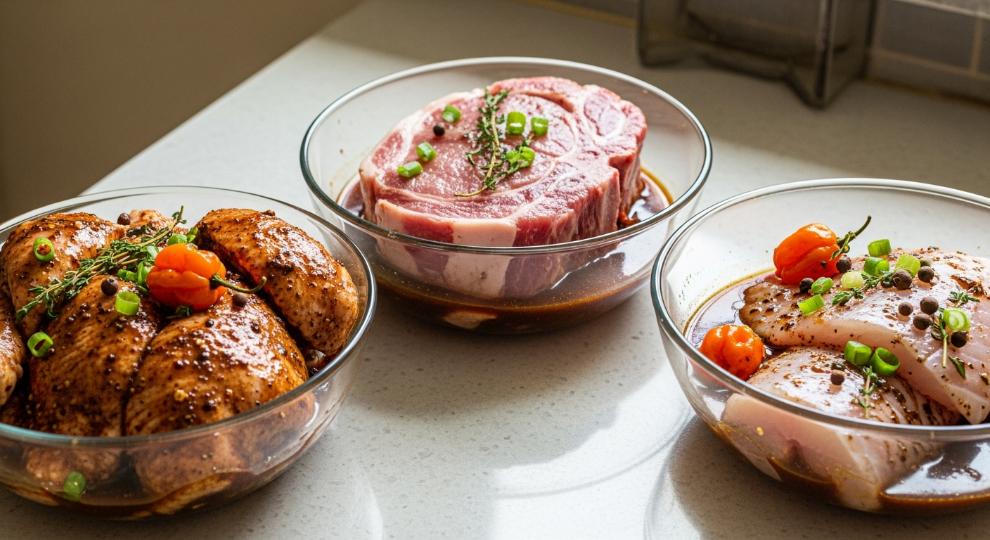 Three plates showing jerk chicken, jerk pork, and jerk fish with different marinades