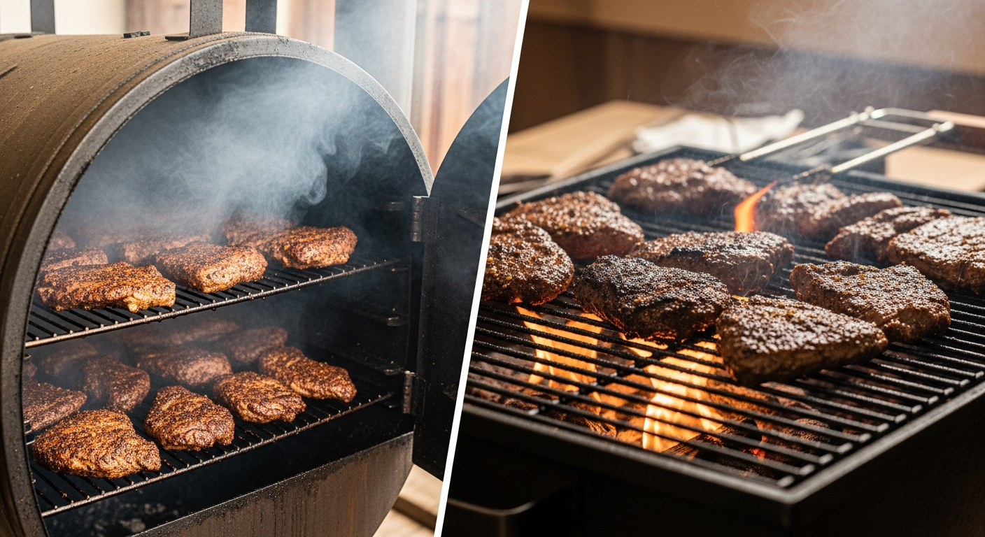 Split image comparing smoky low-and-slow jerk and high-heat grilled jerk chicken