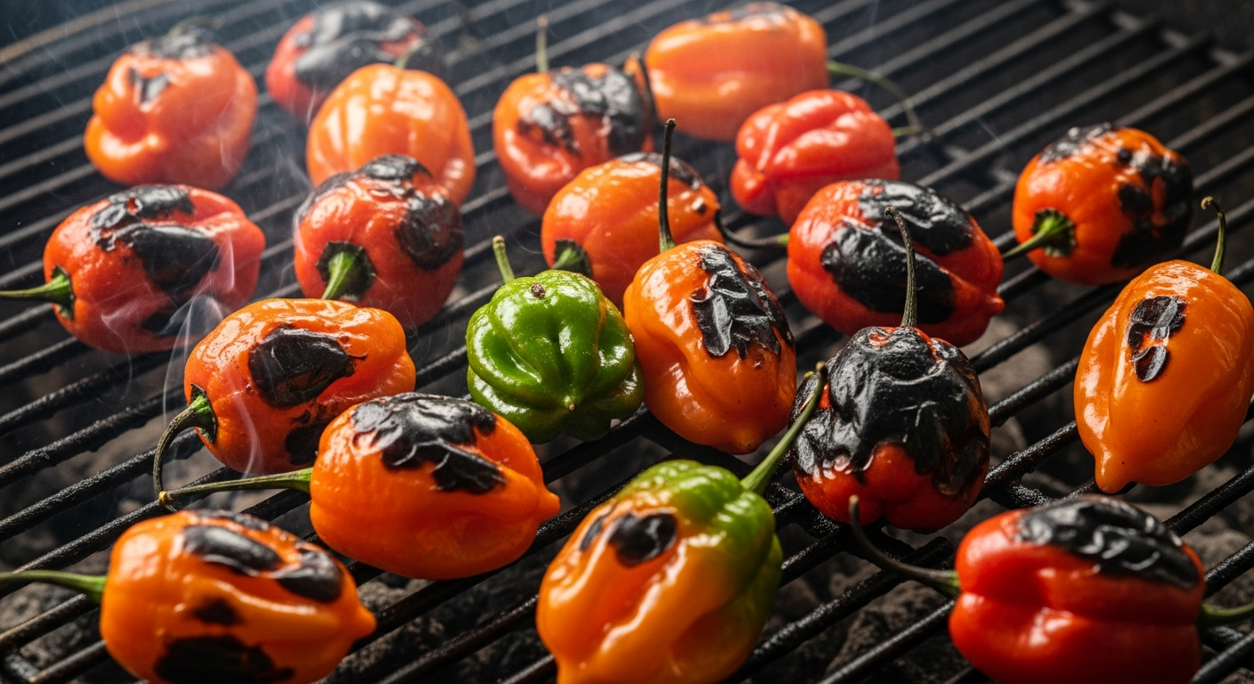 Close-up of a grill thermometer showing ideal jerk cooking temperature range
