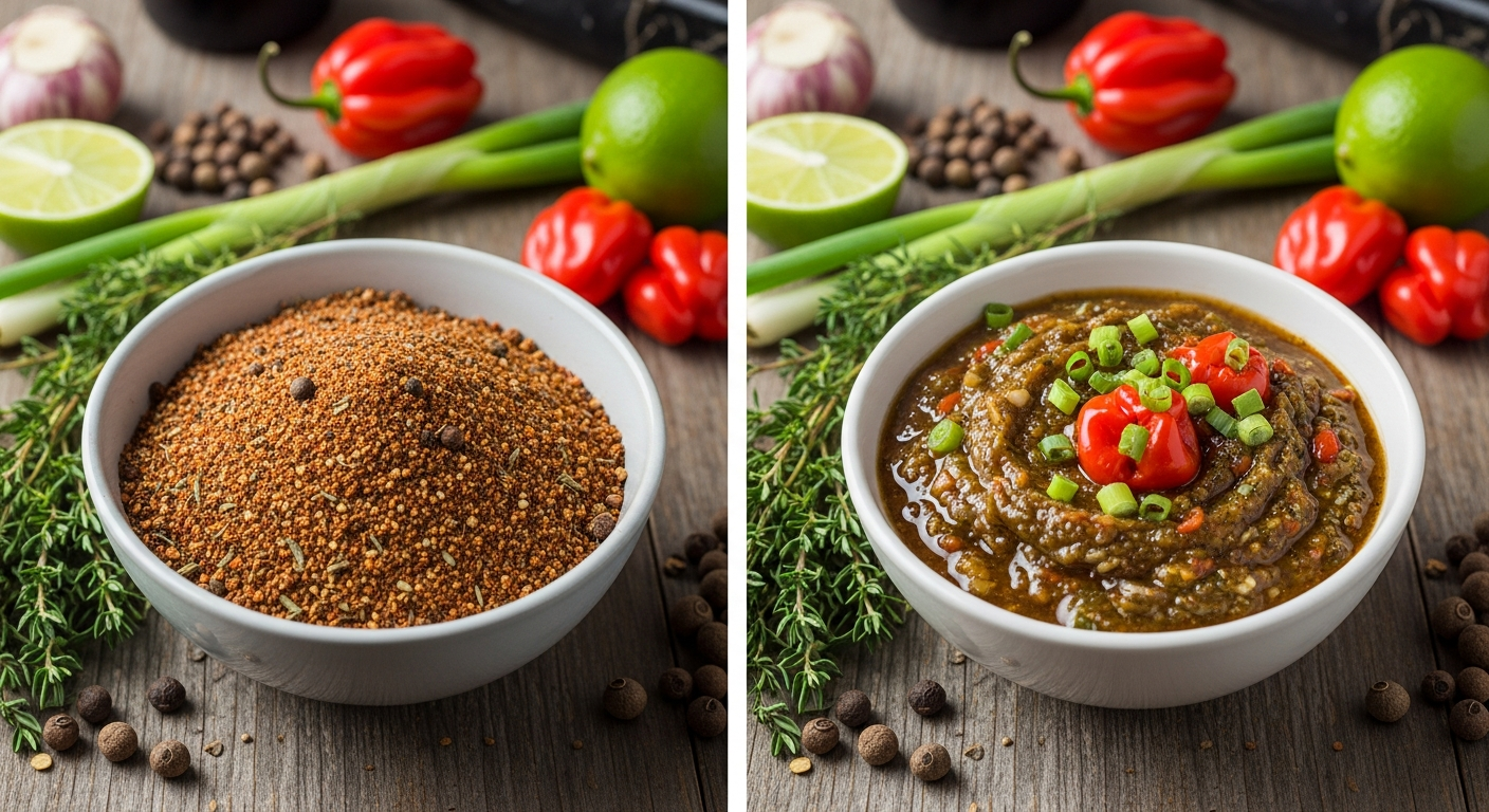 Side-by-side bowls of dry jerk rub and wet jerk marinade paste