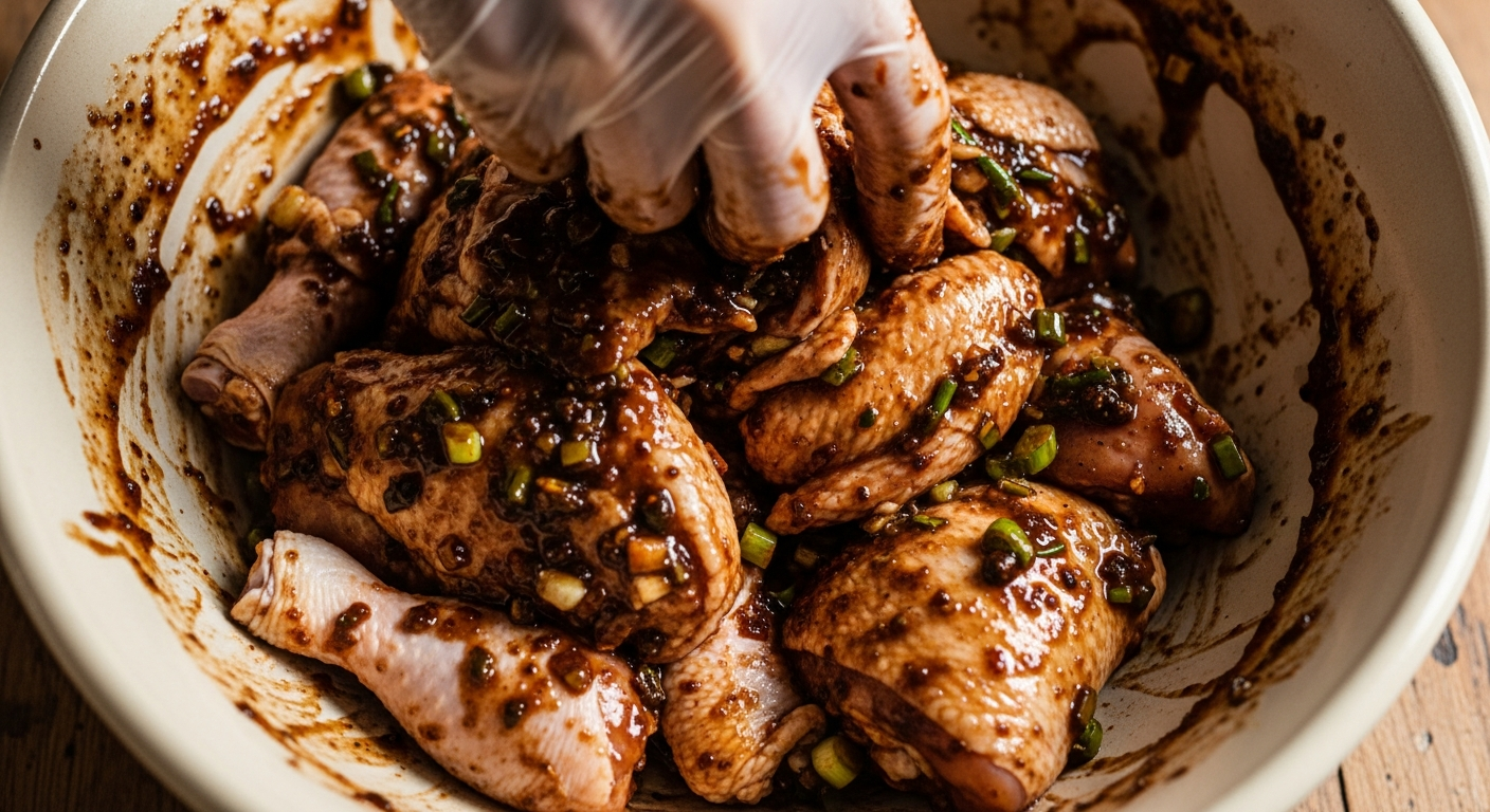 Hands working jerk marinade into scored chicken pieces in a glass bowl