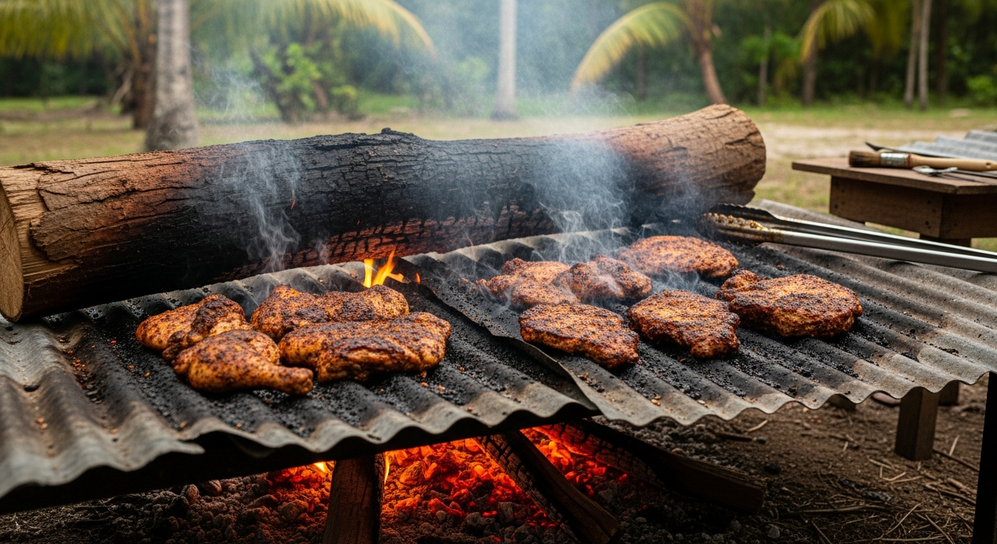 Close-up of traditional Jamaican jerk pit with pimento wood coals and smoking meat