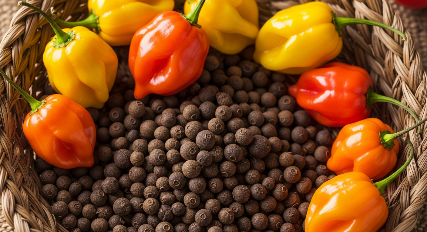 Fresh allspice berries and scotch bonnet peppers arranged with traditional jerk ingredients
