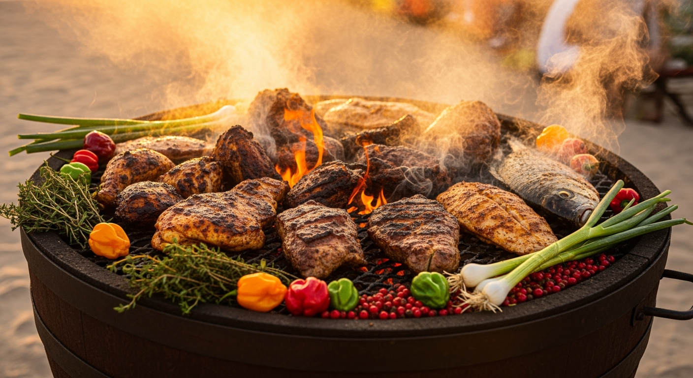 A culinary journey through jerk pit cooking showing various stages of preparation and serving