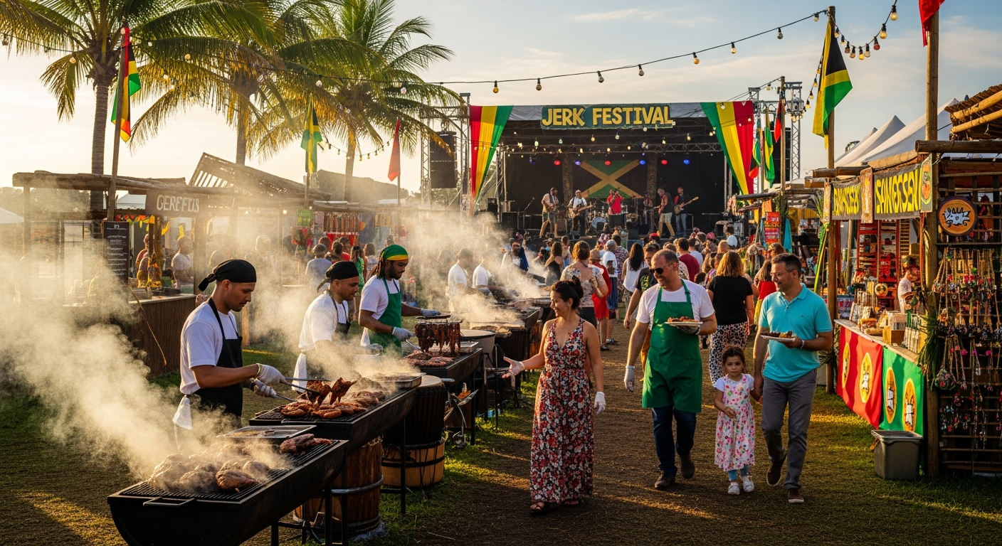 Vibrant Jamaican jerk festival scene with cooking competitions, music, and crowds celebrating