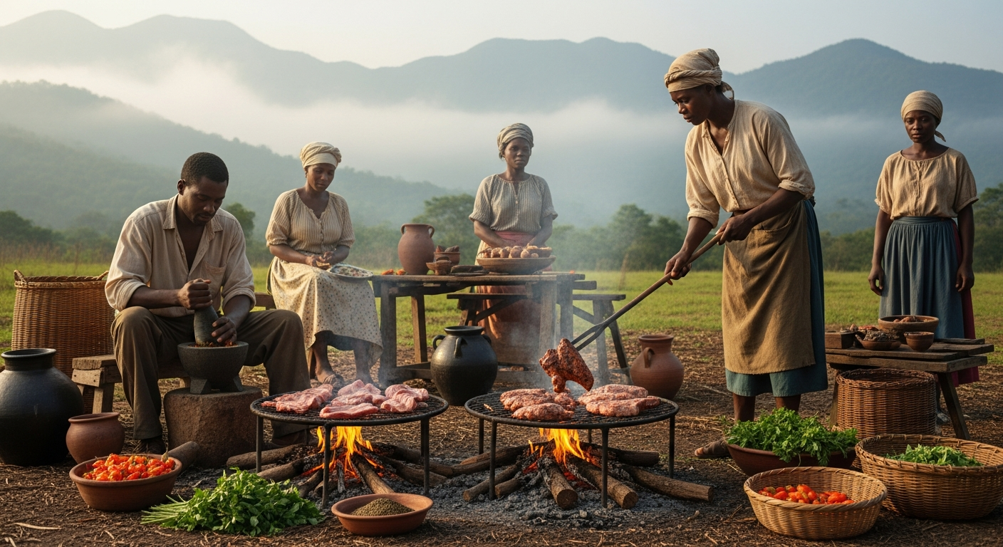 Historical representation of Maroon cooking traditions and Jamaican cultural resistance