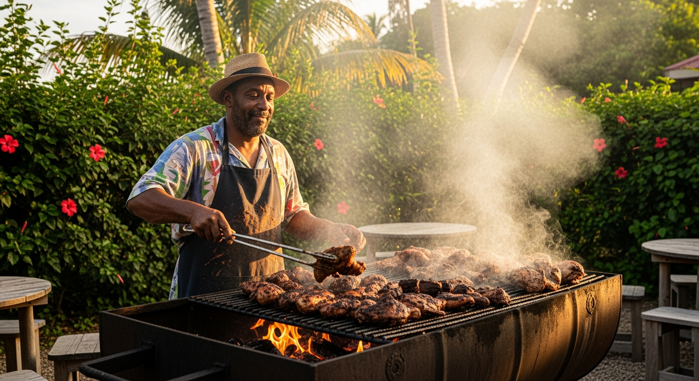 A seasoned jerk pit master tending to smoking meat over pimento wood coals