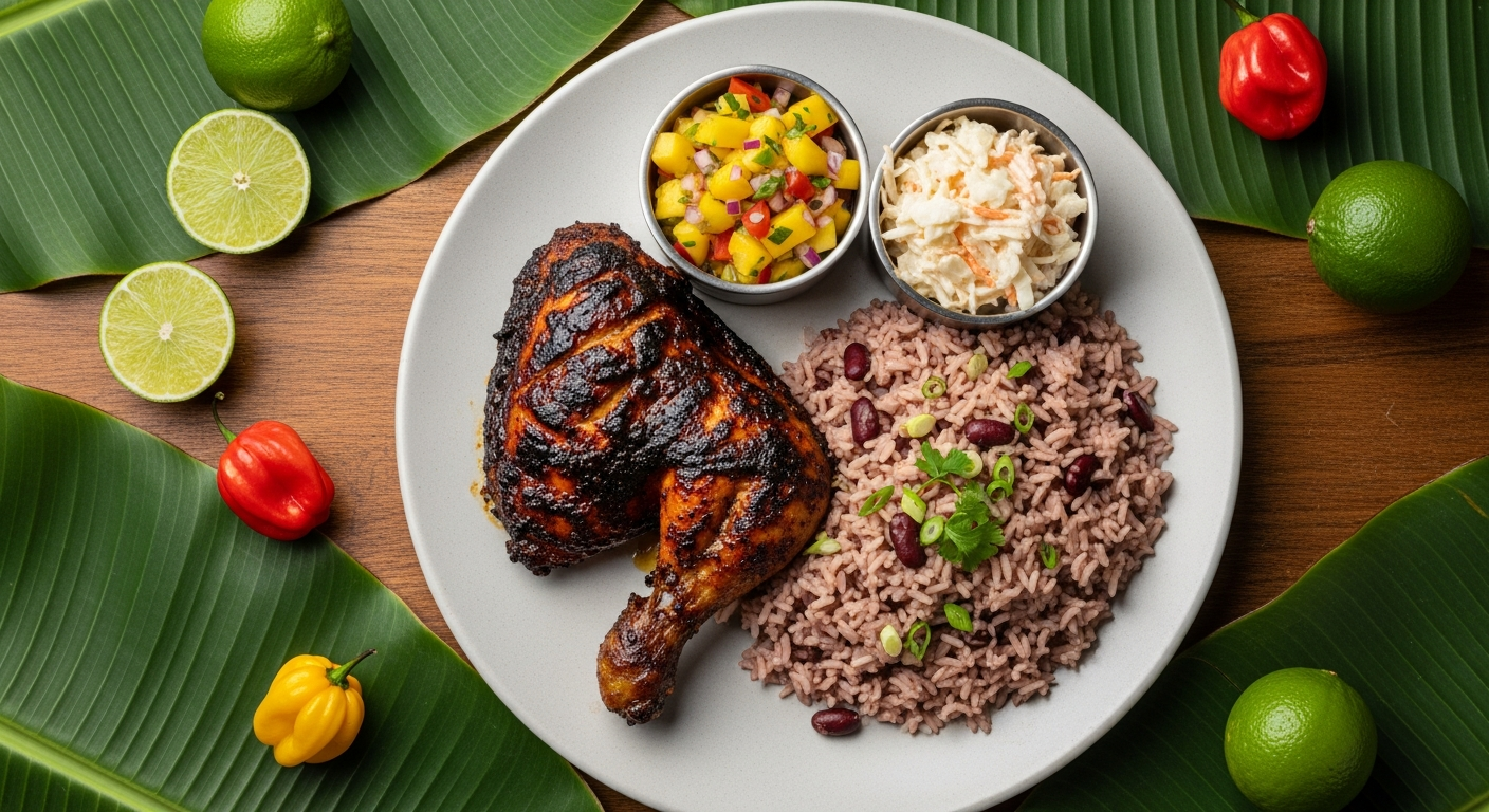 Golden-brown grilled Jamaican jerk chicken pieces with charred marks and fresh herb garnish on a serving platter