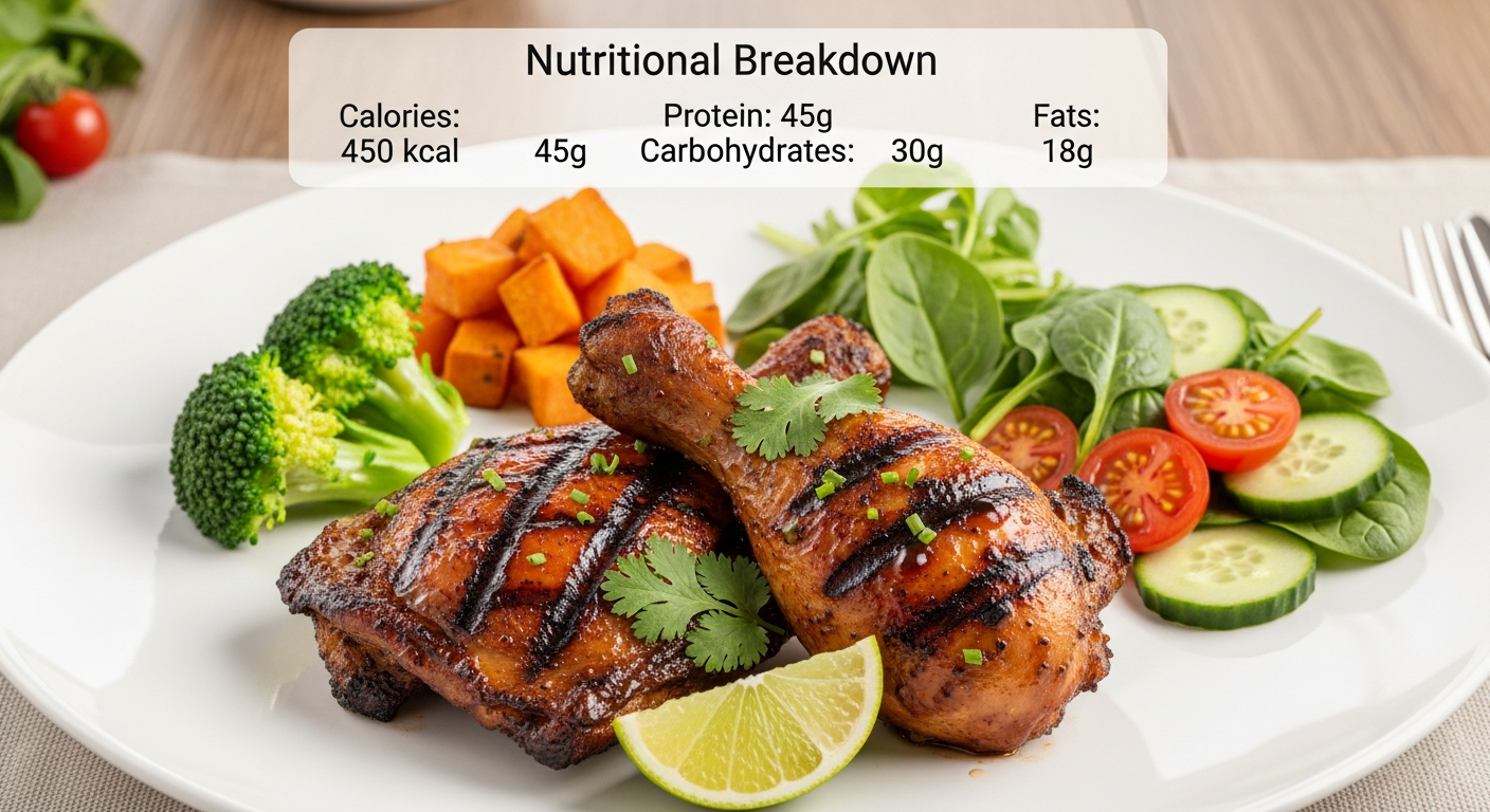 Jamaican jerk chicken calories and nutrition information with grilled chicken breast and fresh vegetables on a plate