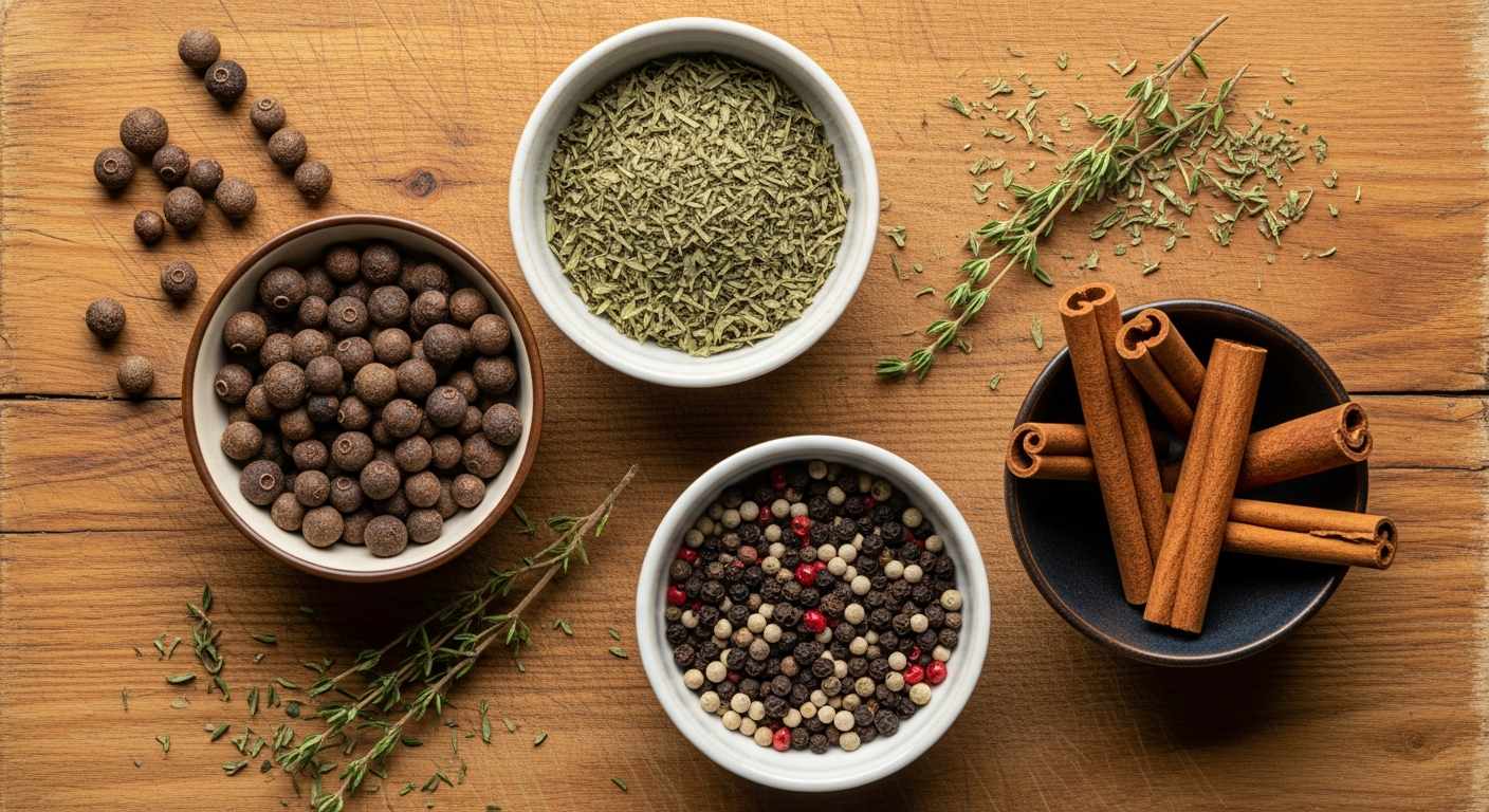 Homemade jerk spice blend ingredients including allspice berries, dried thyme, and scotch bonnet flakes in small bowls