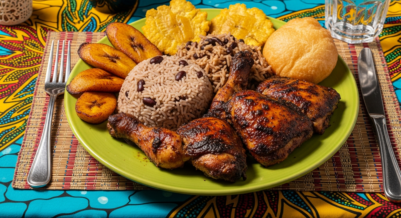 Caribbean side dishes for jerk chicken including rice and peas, fried plantains, festival bread, and coleslaw on a colorful table