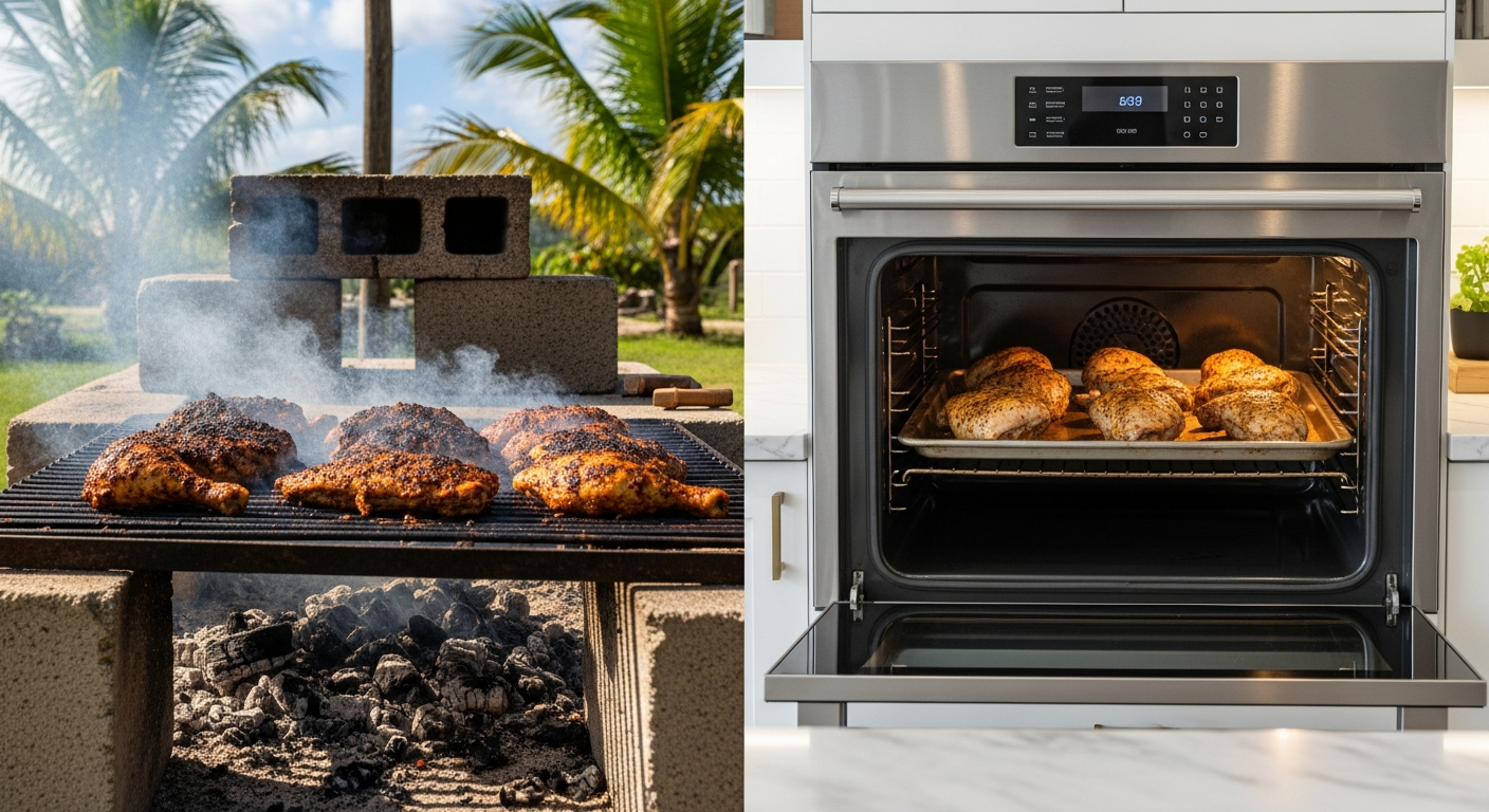 Split image showing traditional jerk pit cooking with pimento wood on one side and oven-baked jerk chicken on the other