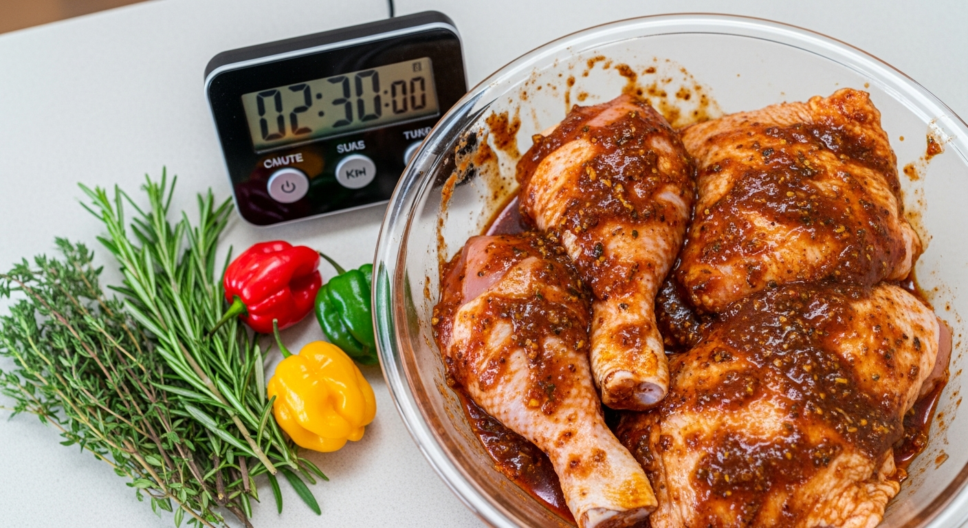 Mild jerk chicken marinade with raw chicken pieces in a glass bowl with herbs and spices