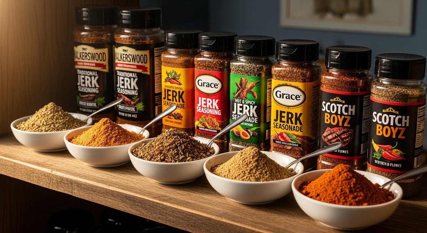 Several popular jerk seasoning bottles and jars arranged on a wooden cutting board with spices