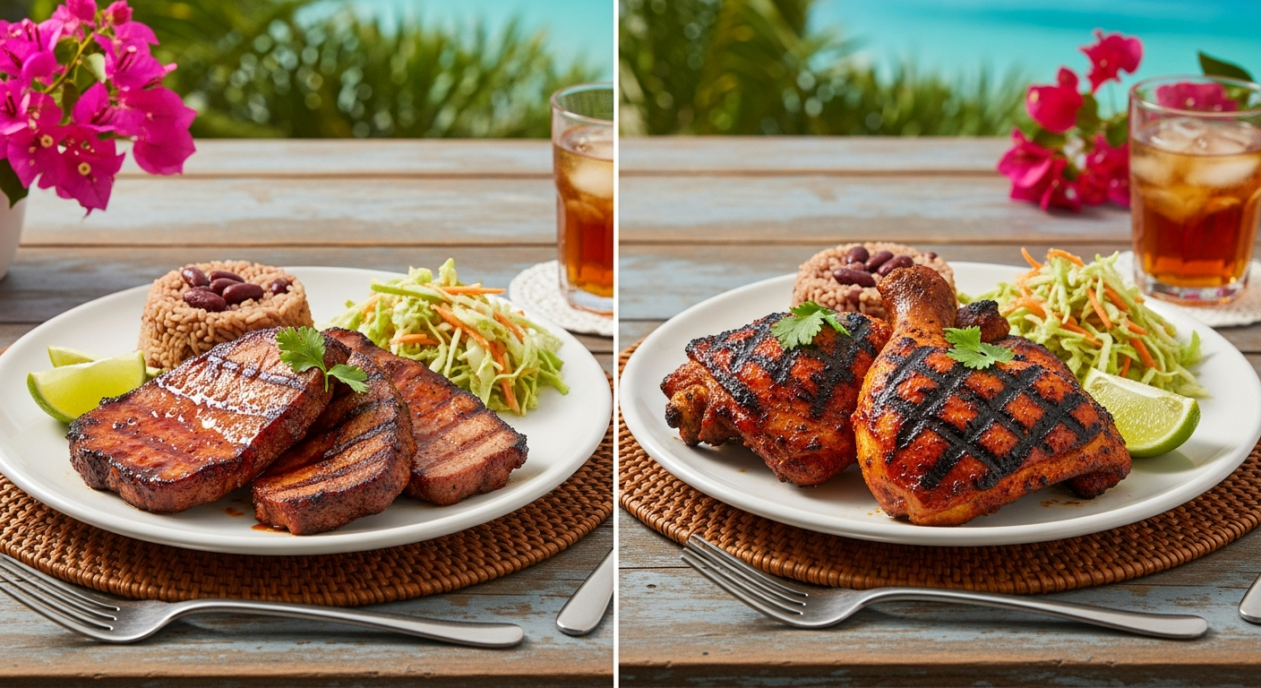 Side-by-side comparison of beautifully grilled jerk pork and jerk chicken on a wooden serving board