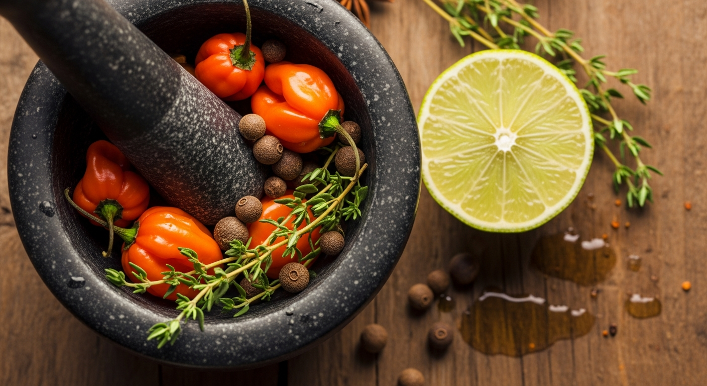 Fresh jerk marinade ingredients laid out on a wooden board including scotch bonnet peppers, allspice, thyme, and scallions