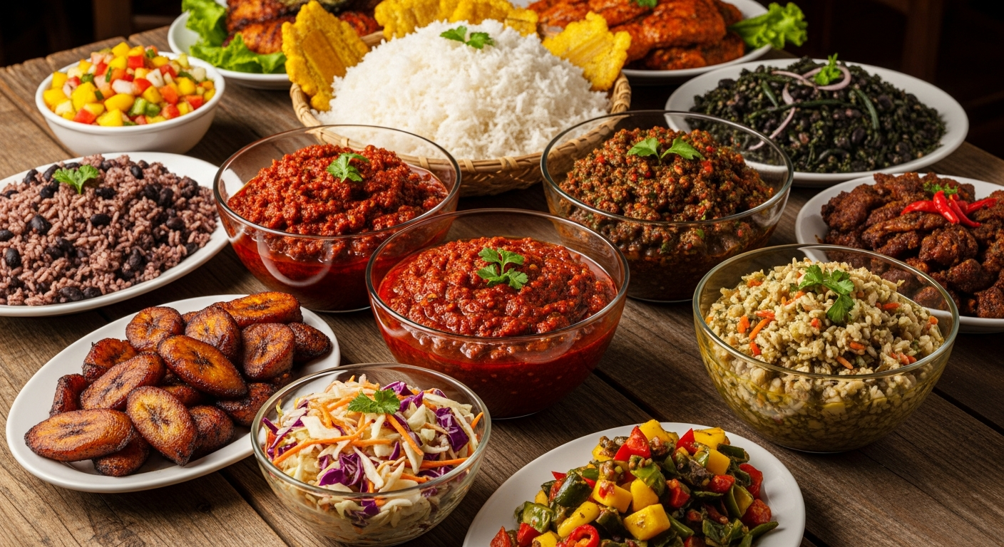 Assortment of jerk marinades alongside Caribbean side dishes on a wooden table