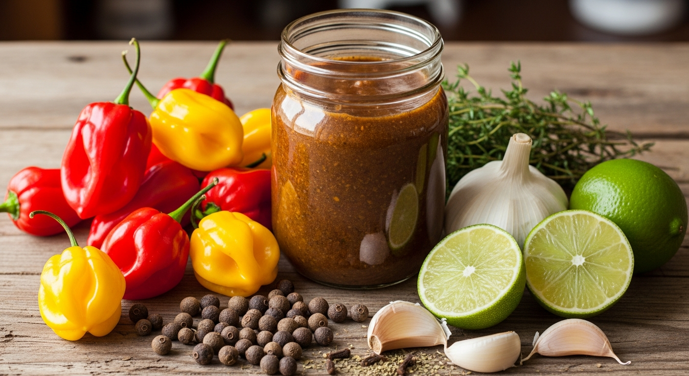 Homemade jerk marinade in a glass jar surrounded by fresh Caribbean ingredients