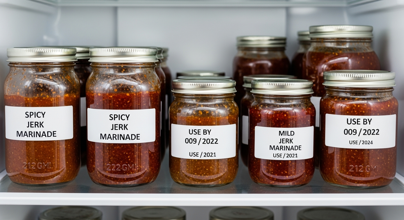 Glass jars of jerk marinade stored in a refrigerator with labeled dates
