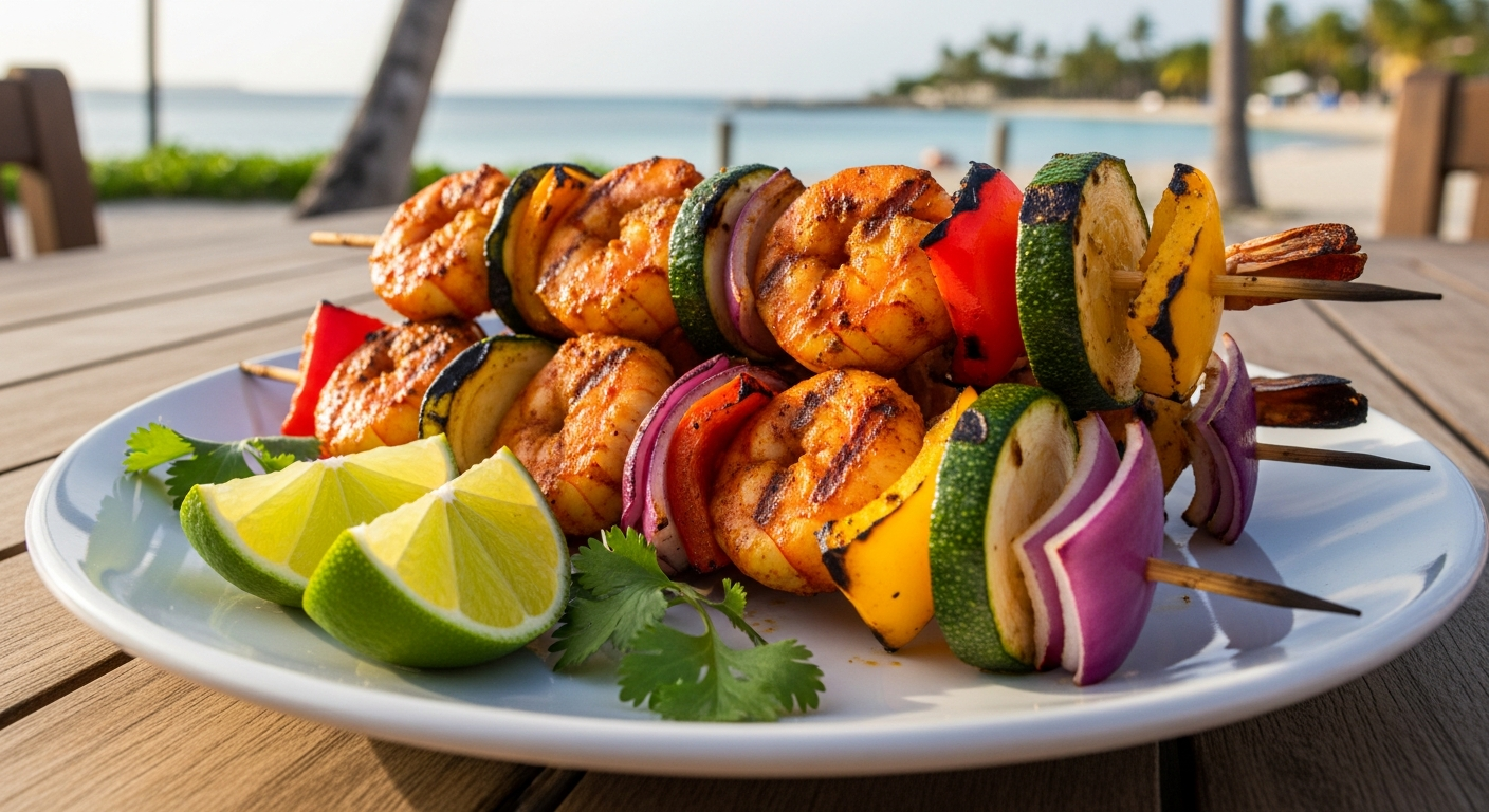 Grilled jerk-marinated shrimp and vegetables on skewers with lime wedges