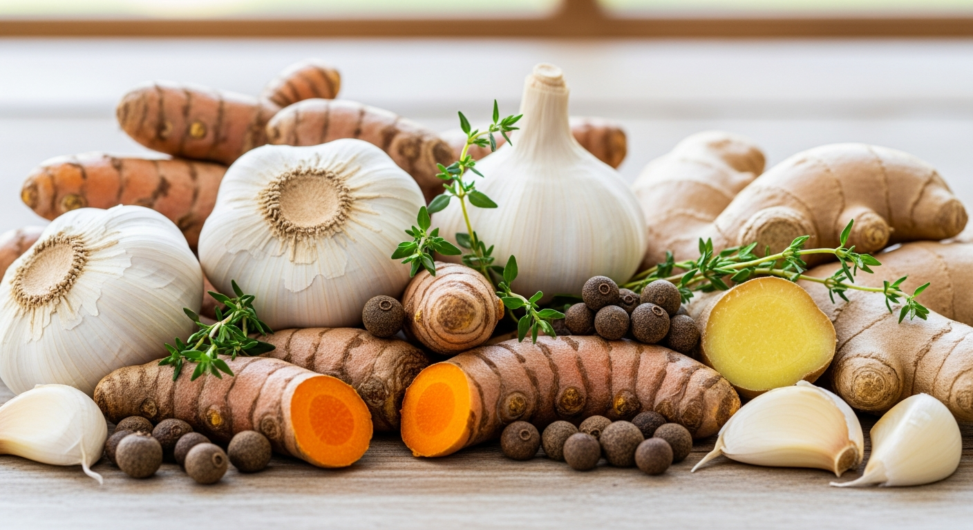 Fresh jerk marinade ingredients including turmeric, scotch bonnet, and allspice with nutritional labels