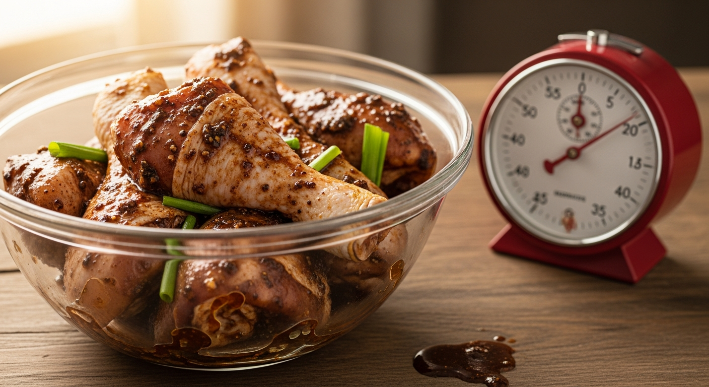 Chicken pieces marinating in jerk seasoning in a glass bowl with a kitchen timer