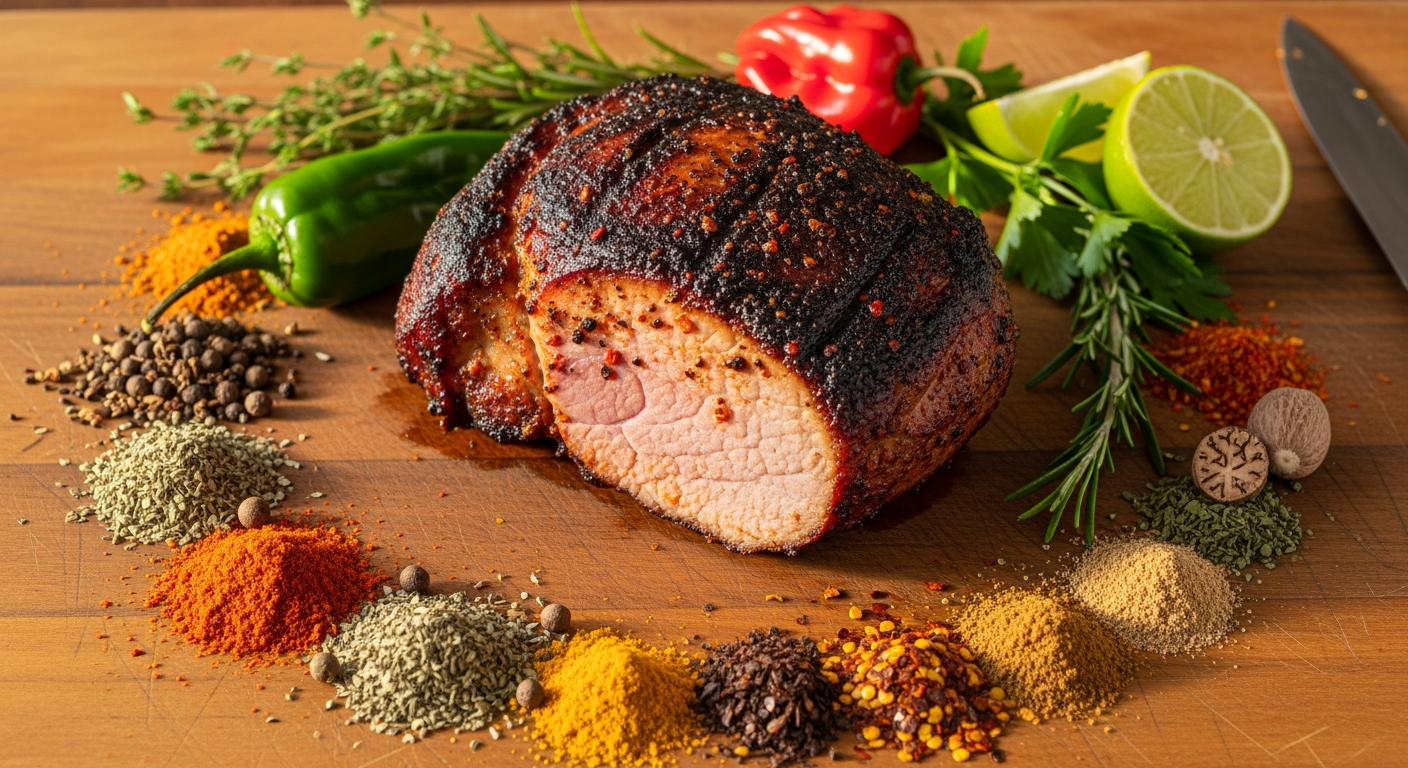 Jerk-marinated pork shoulder on a cutting board with Caribbean spices
