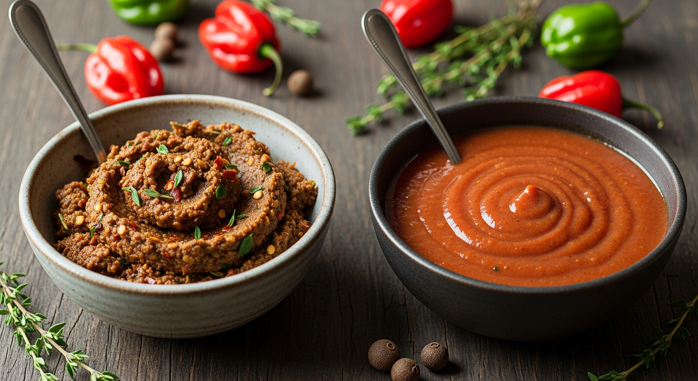 Side-by-side comparison of traditional mortar-and-pestle and modern blender jerk marinades