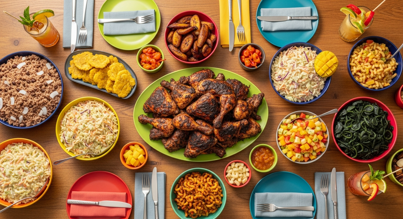Good sides for jerk chicken spread including rice and peas, plantains, and festival bread on a dinner table
