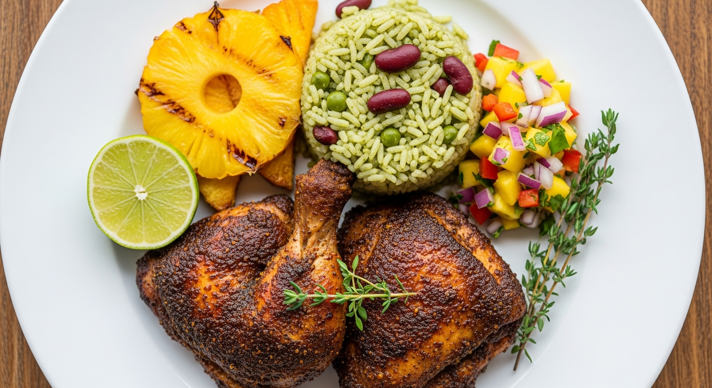 Sides for jerk chicken including rice and peas, plantains, and coleslaw on a Caribbean-style table