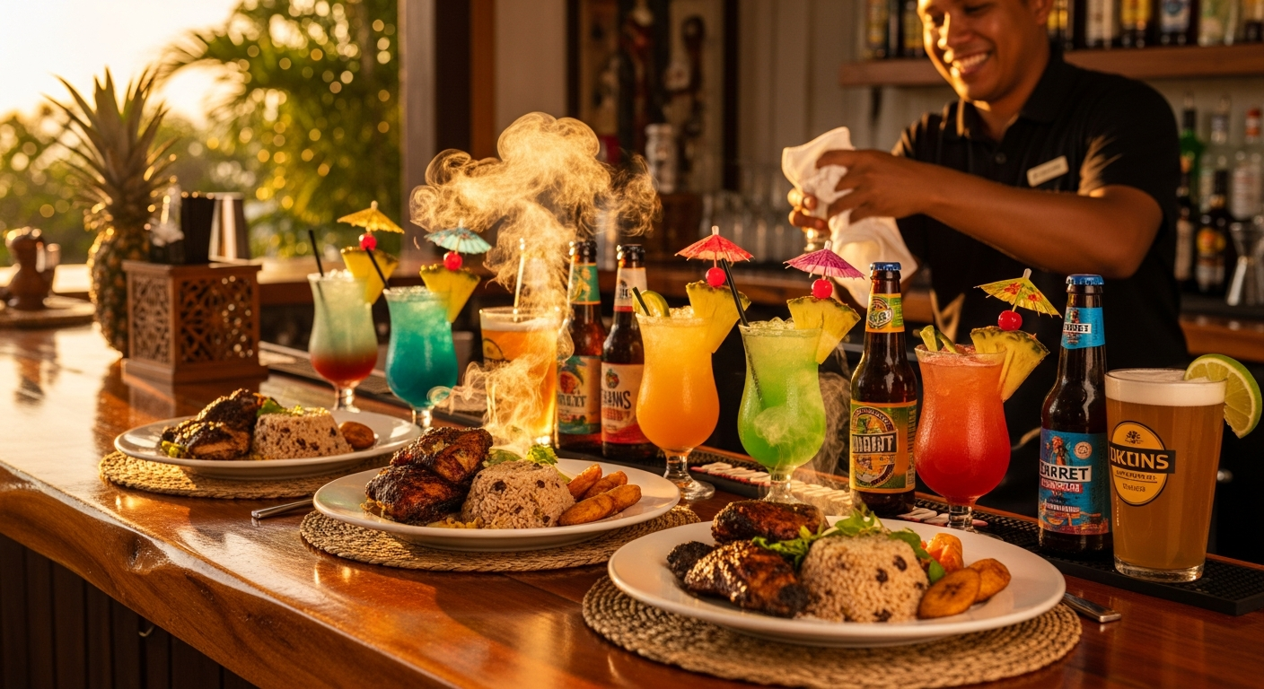 Selection of tropical cocktails and Caribbean beers alongside jerk dishes
