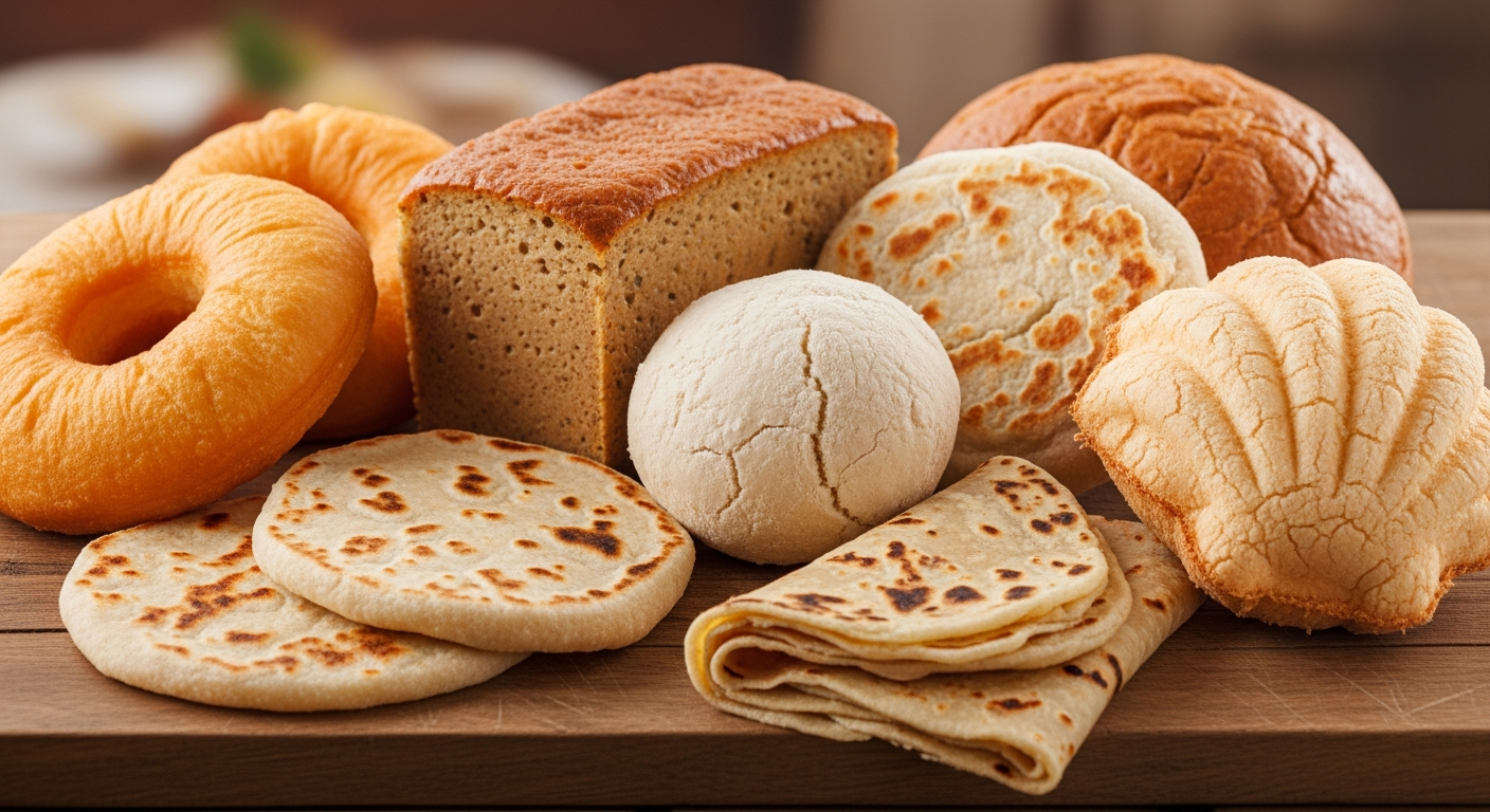 Assortment of Caribbean breads including festival, bammy, and roti alongside jerk meats