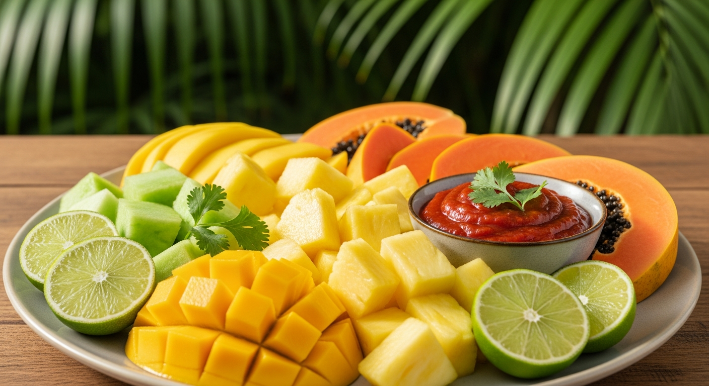 Vibrant tropical fruits and jerk chicken displayed together on a colorful Caribbean platter