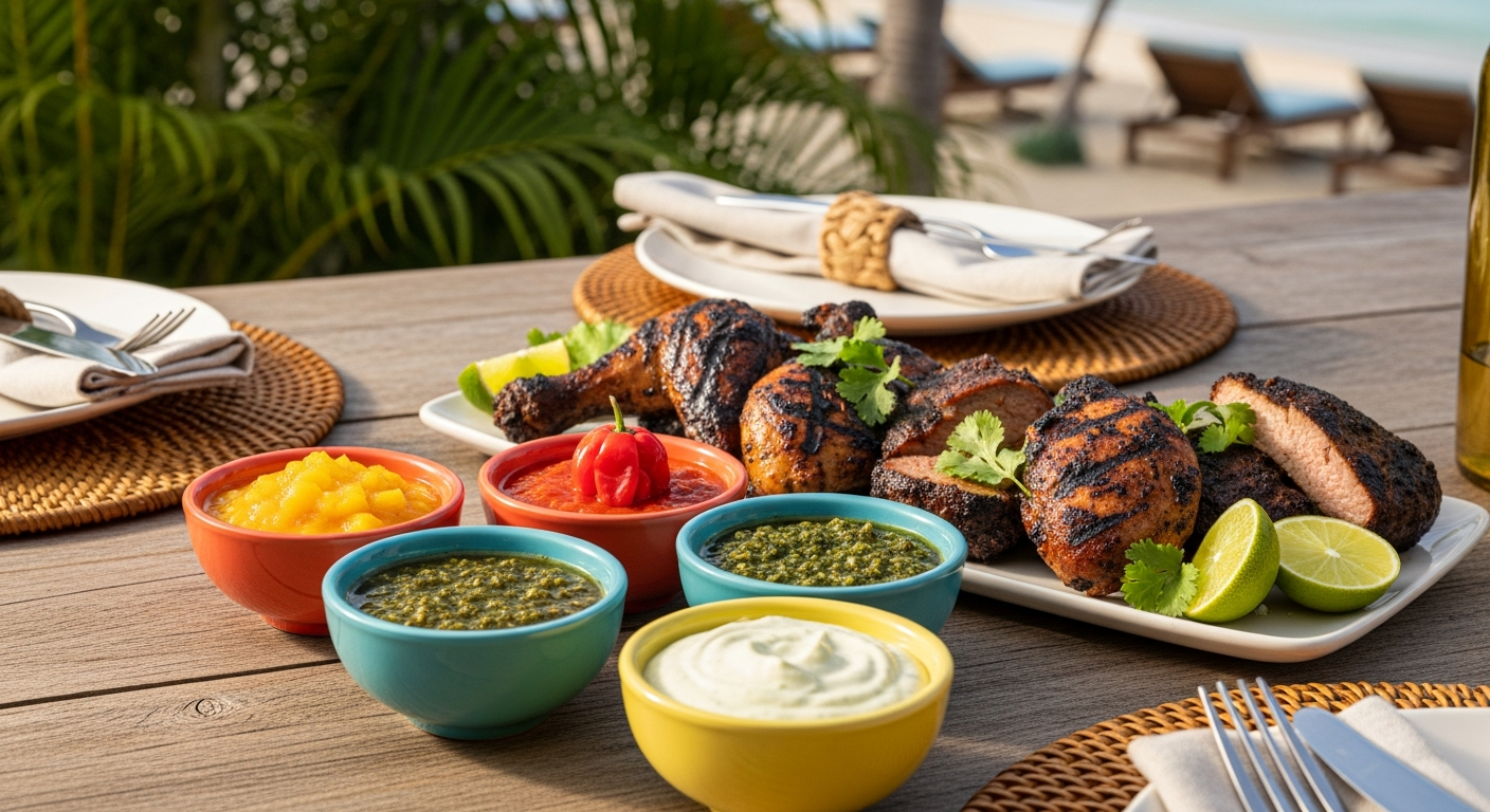 Collection of Caribbean marinades and sauces in bowls with fresh herbs and spices