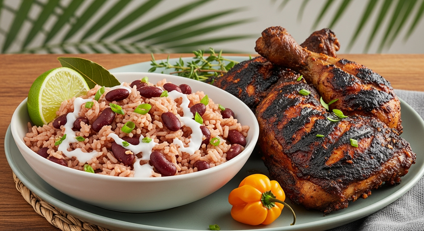 Steaming pot of Jamaican rice and peas alongside jerk-seasoned dishes