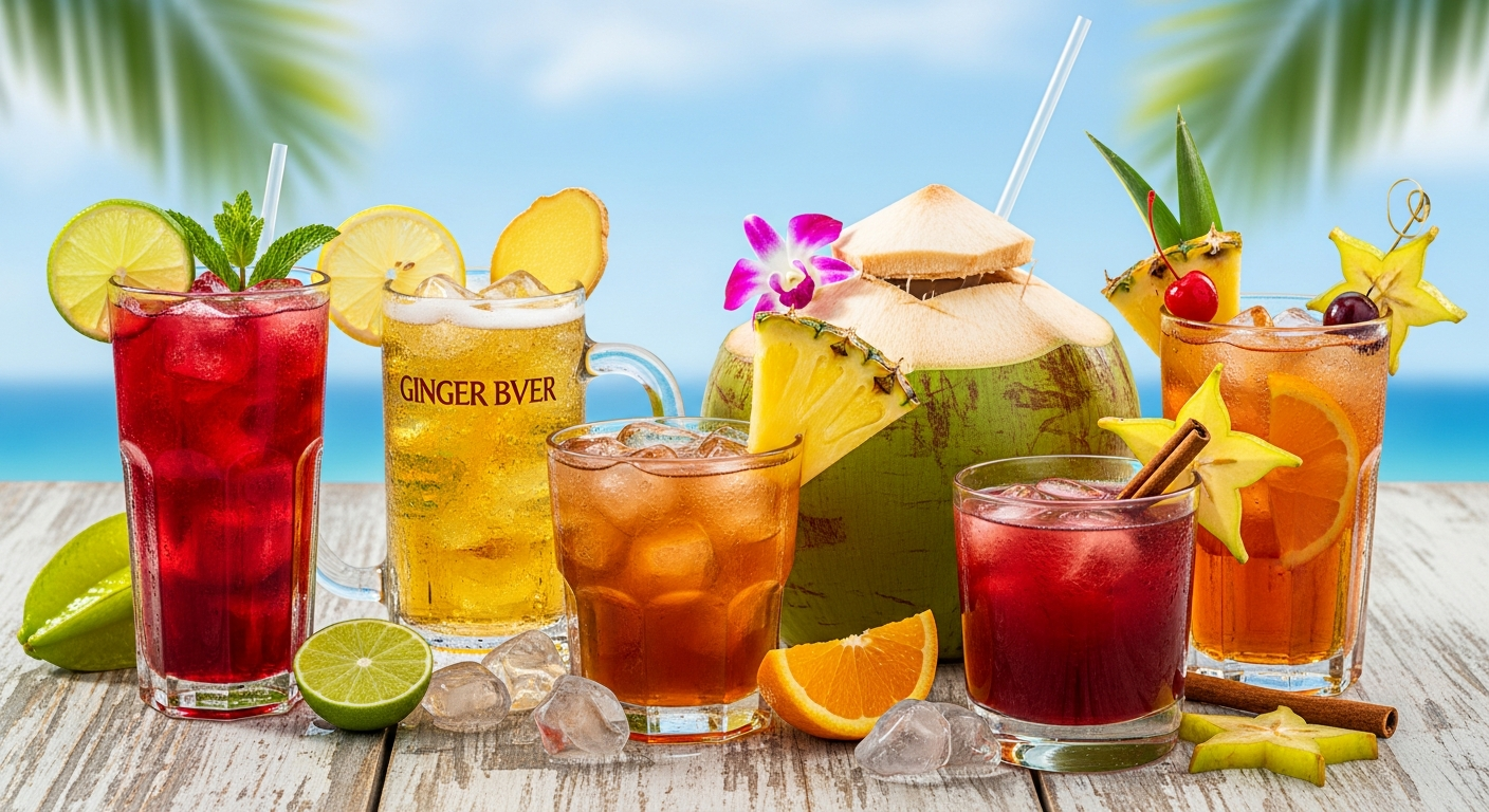Colorful Caribbean drinks and juices arranged on a tropical bar with jerk dishes