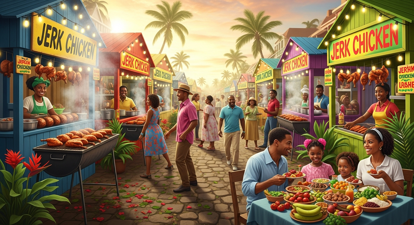 Vibrant Jamaican food market scene with traditional jerk cooking