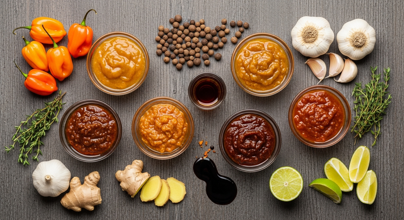 Colorful array of Caribbean jerk marinades and ingredients in glass bowls