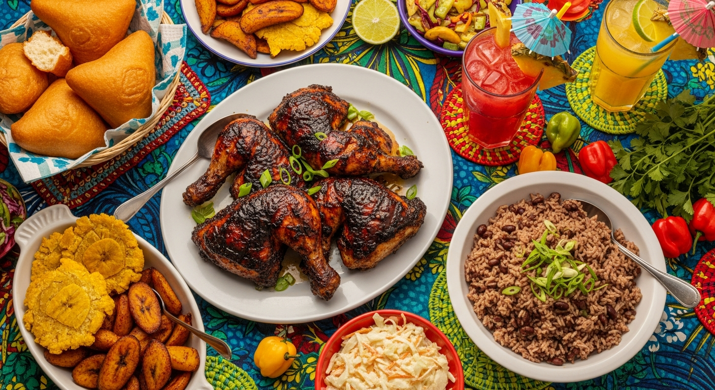 Caribbean dinner spread with jerk chicken, rice and peas, plantains, and tropical drinks