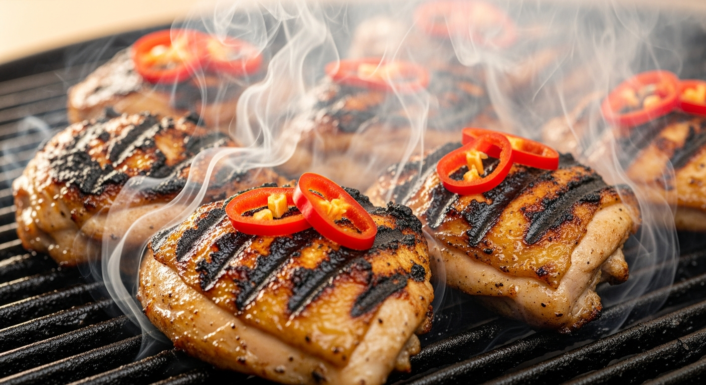 Perfectly grilled jerk chicken with charred marks and Caribbean spices