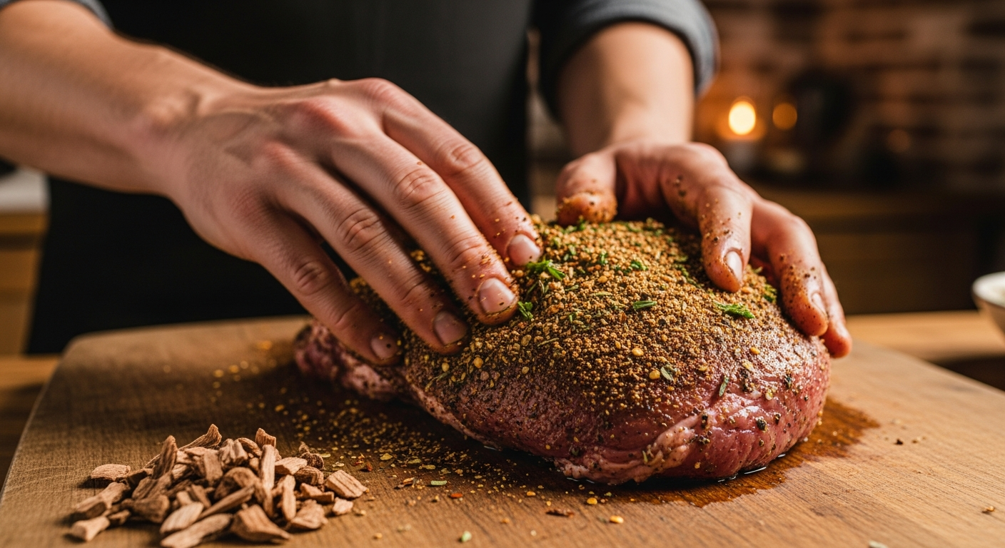 Traditional jerk cooking technique with pimento wood and spice preparation