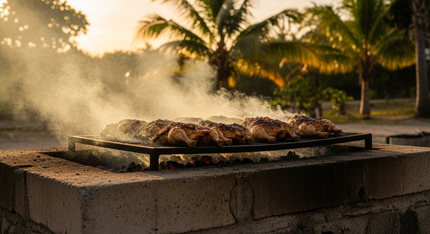 Traditional Jamaican jerk pit with pimento wood smoking authentic jerk chicken