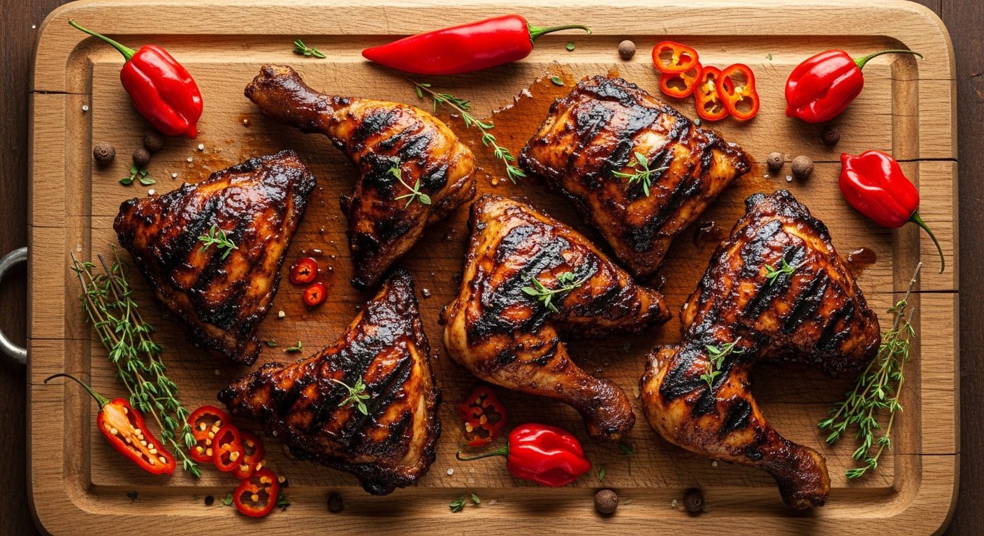 Authentic Jamaican jerk chicken on the grill