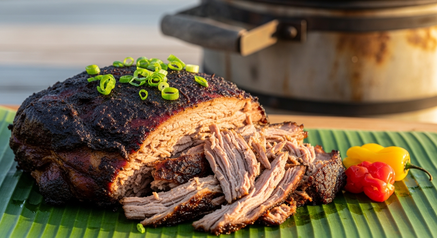 Jerk pork ribs with caramelized bark on a smoker