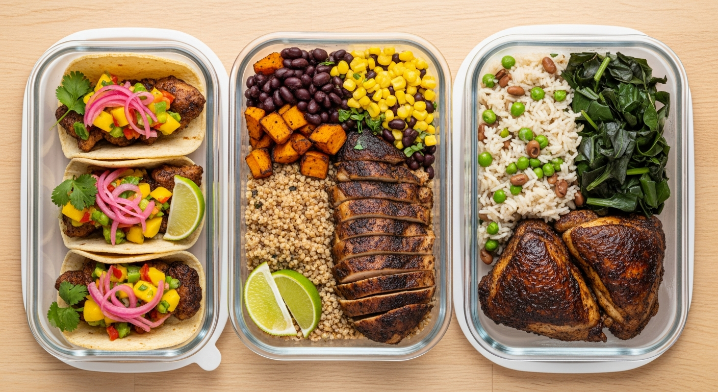 Batch-prepared jerk marinade in jars for meal prep