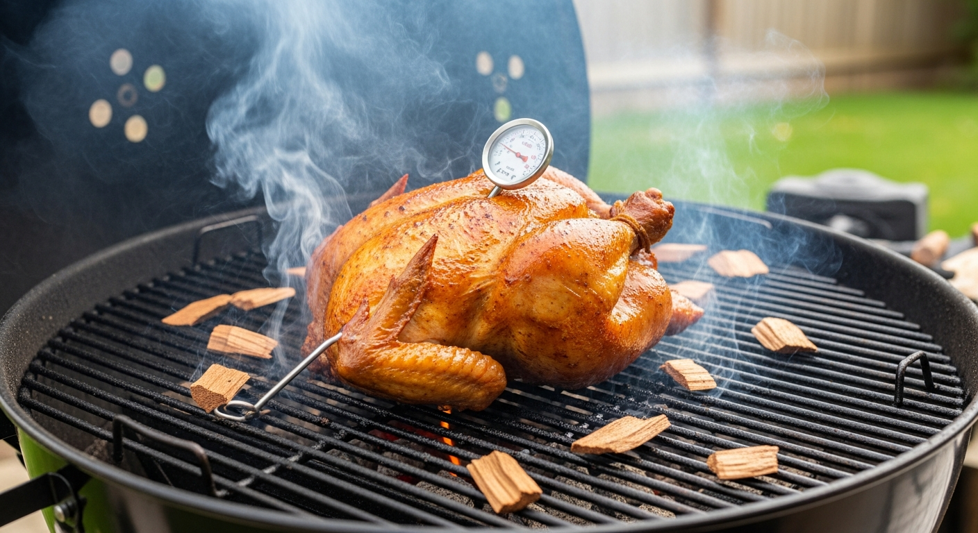 Smoking jerk chicken over pimento wood on a charcoal grill